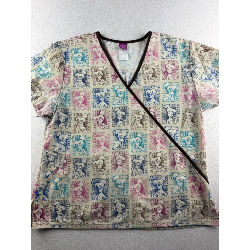Disney Tinker Bell Scrub Top Womens Large White Pink Sassy Fairy Mock Wrap